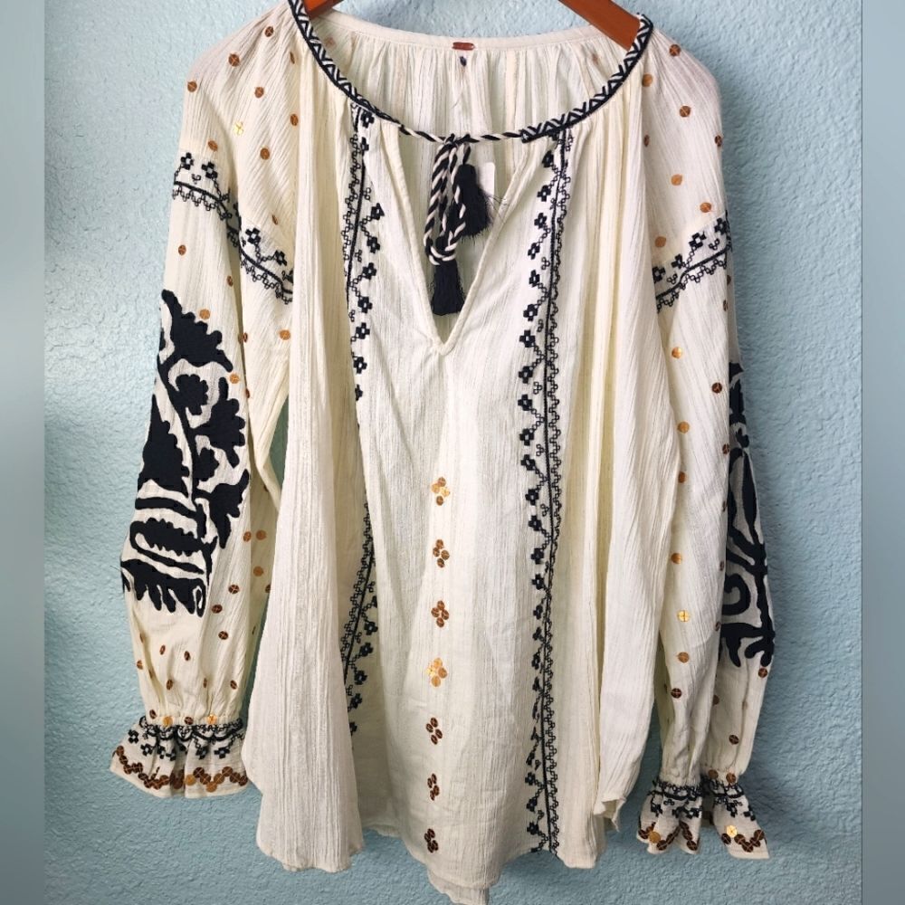 Free people embroidery bohemian peaseant coastal tunic dress